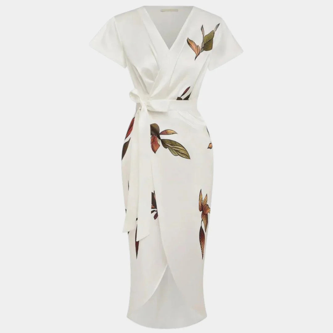 White wrap midi dress with short sleeves, floral print, tie at waist and V-neck