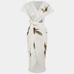 White wrap midi dress with short sleeves, floral print, tie at waist and V-neck