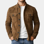 Brown suede jacket with button front and two chest flap pockets