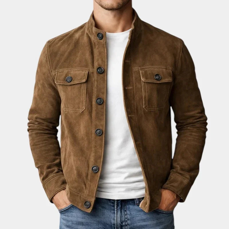 Brown suede jacket with button front and two chest flap pockets