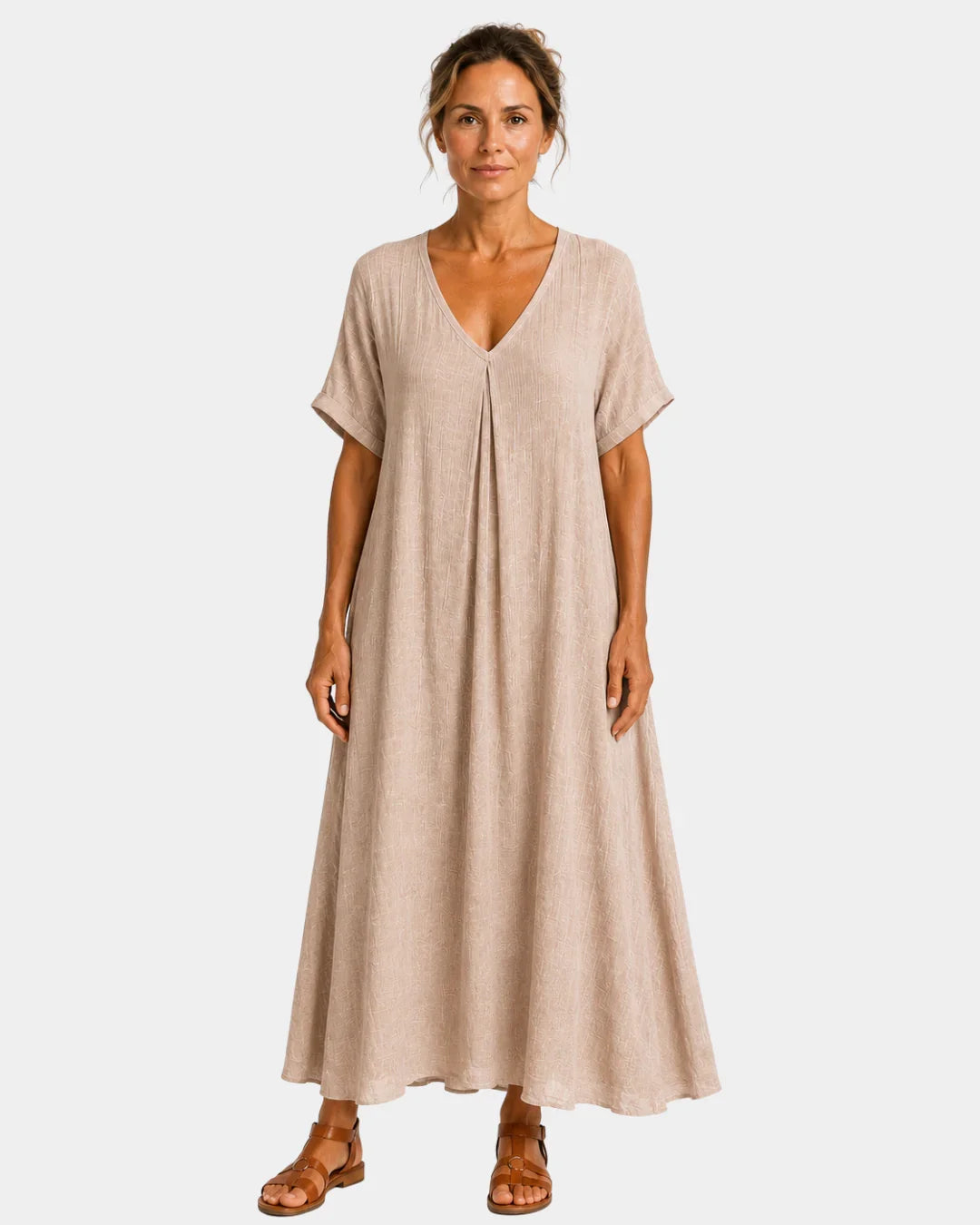 Beige lightweight long dress with V-neck, short sleeves and gathered, flared skirt.