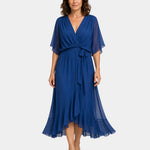 Blue chiffon V-neck wrap dress with tie waist, flutter sleeves and layered midi hem