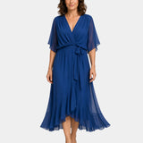 Blue chiffon V-neck wrap dress with tie waist, flutter sleeves and layered midi hem