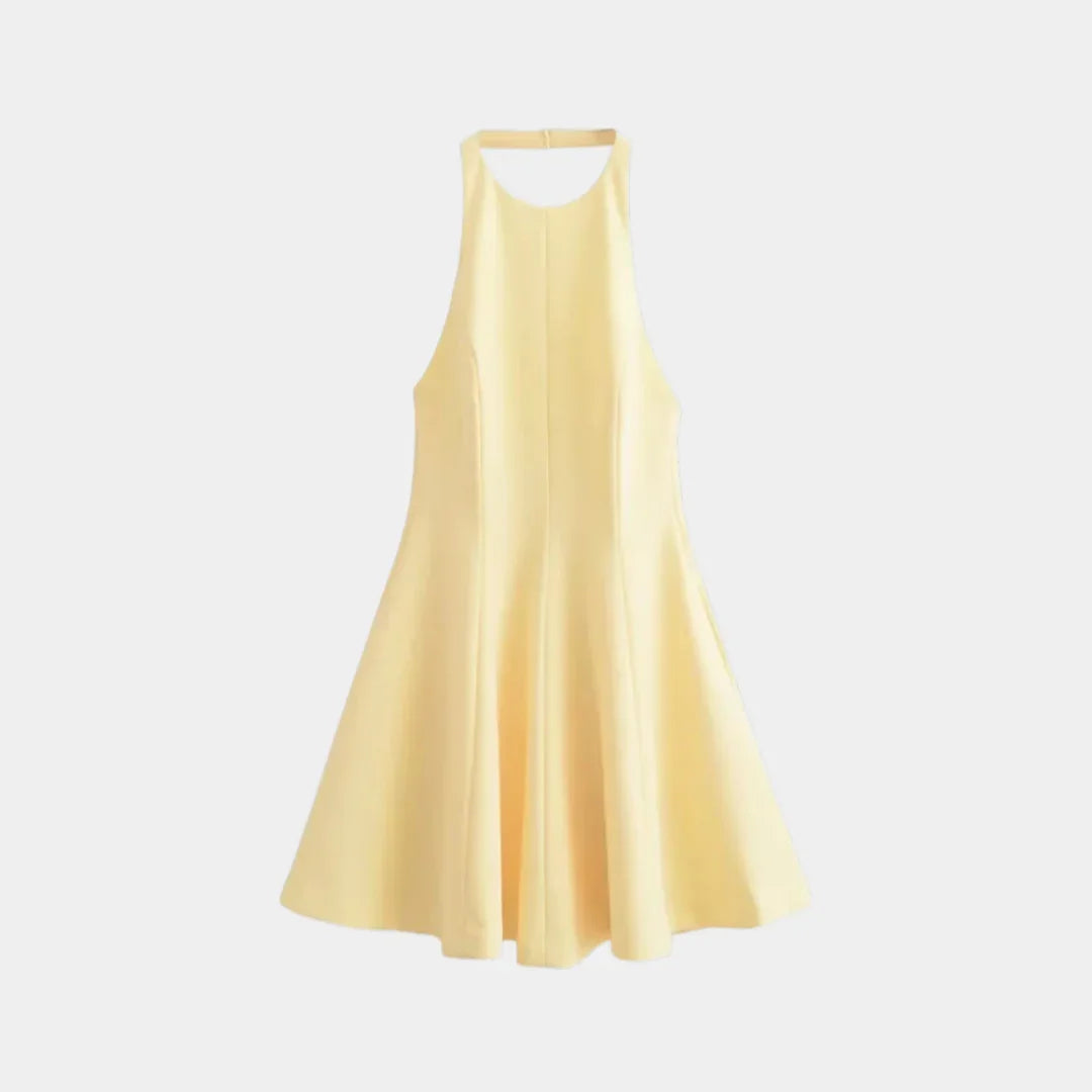 Yellow sleeveless A-line mini dress with round neckline and flared hem