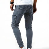 Dark gray elastic cargo jeans with back pocket flaps and side utility pockets