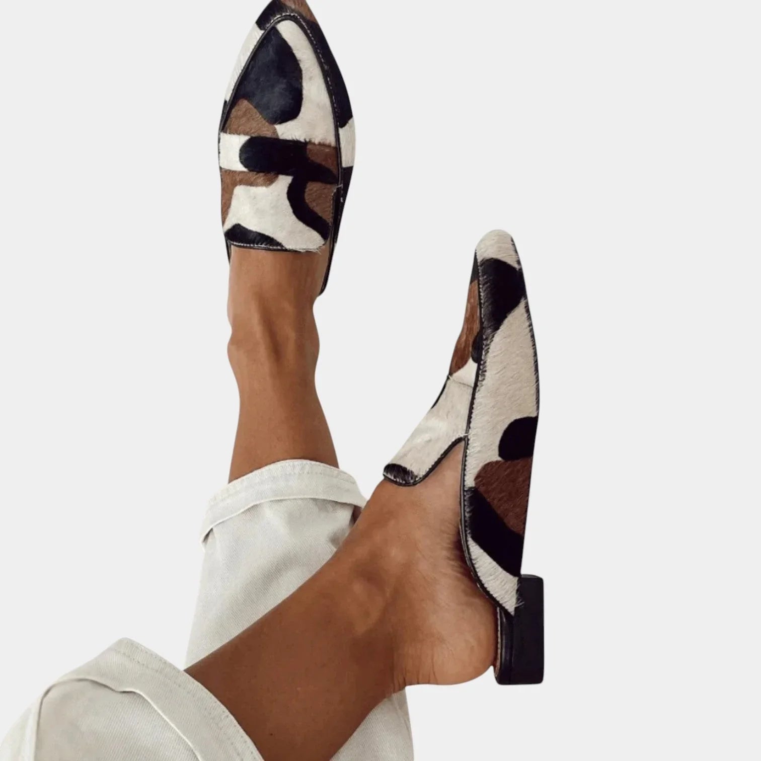 Catherine elegant mules with cream and dark patchwork upper, pointed toe, low heel