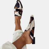 Catherine elegant mules with cream and dark patchwork upper, pointed toe, low heel