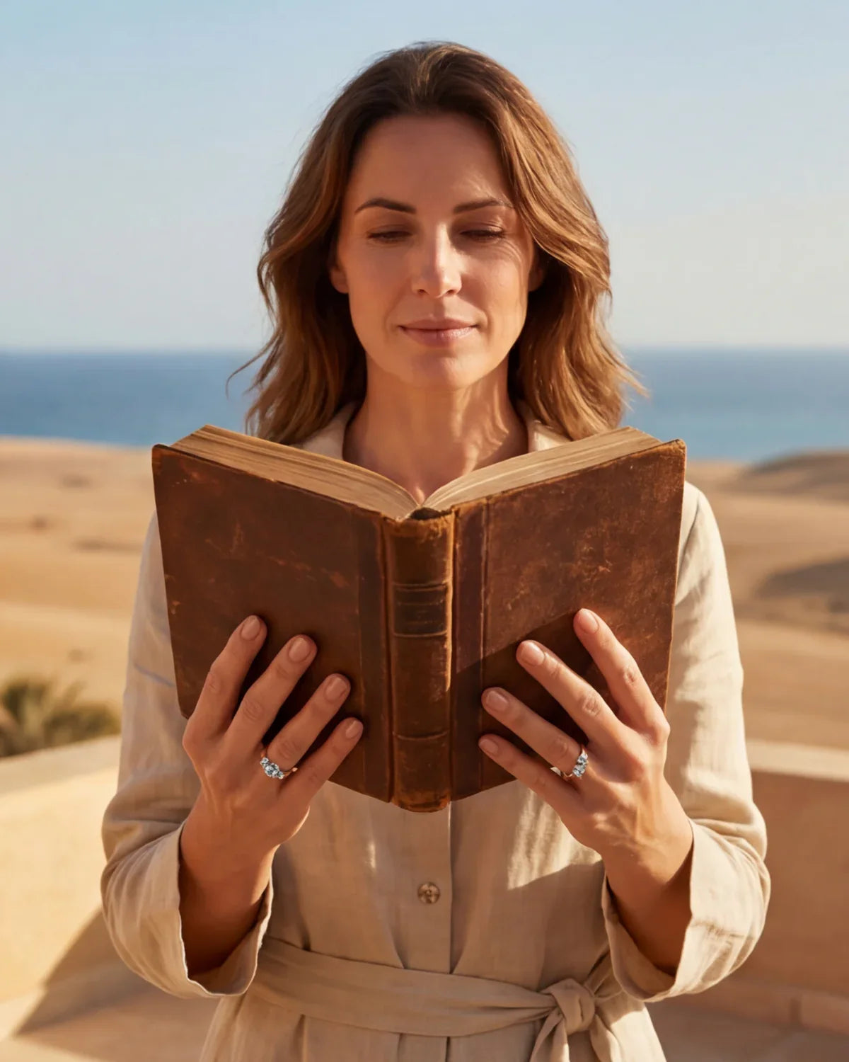 Rose gold ring with blue gemstones, visible on finger as hands hold a book