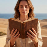 Rose gold ring with blue gemstones, visible on finger as hands hold a book