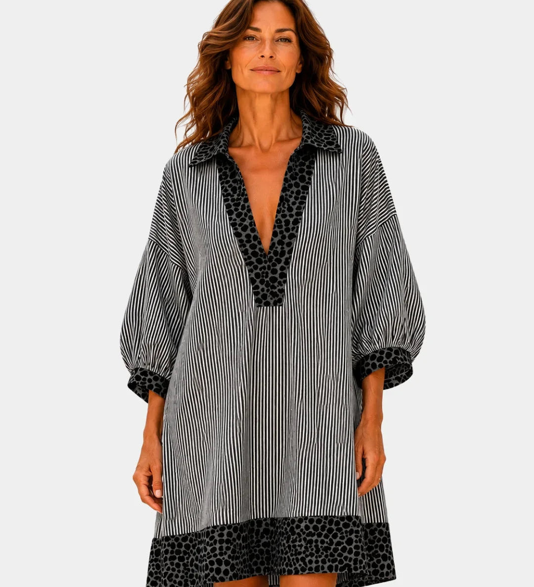 Leopard print V-neck striped dress in dark navy with black leopard hem and cuffs