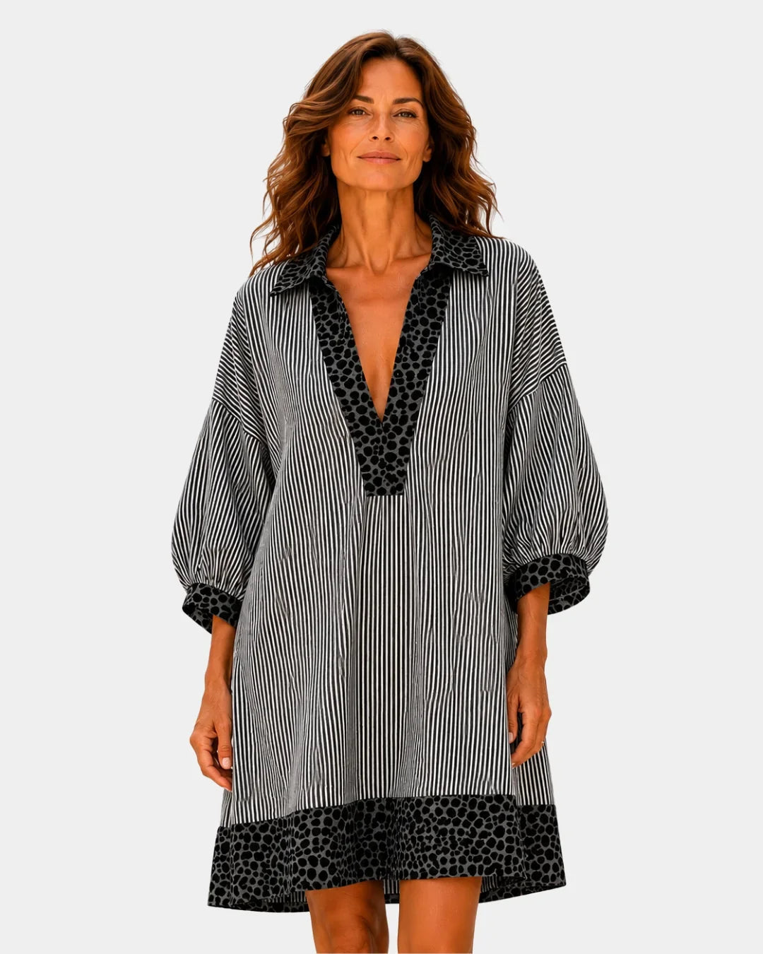 Leopard print V-neck striped dress in dark navy with black leopard hem and cuffs