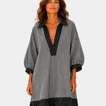 Leopard print V-neck striped dress in dark navy with black leopard hem and cuffs