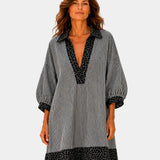 Leopard print V-neck striped dress in dark navy with black leopard hem and cuffs