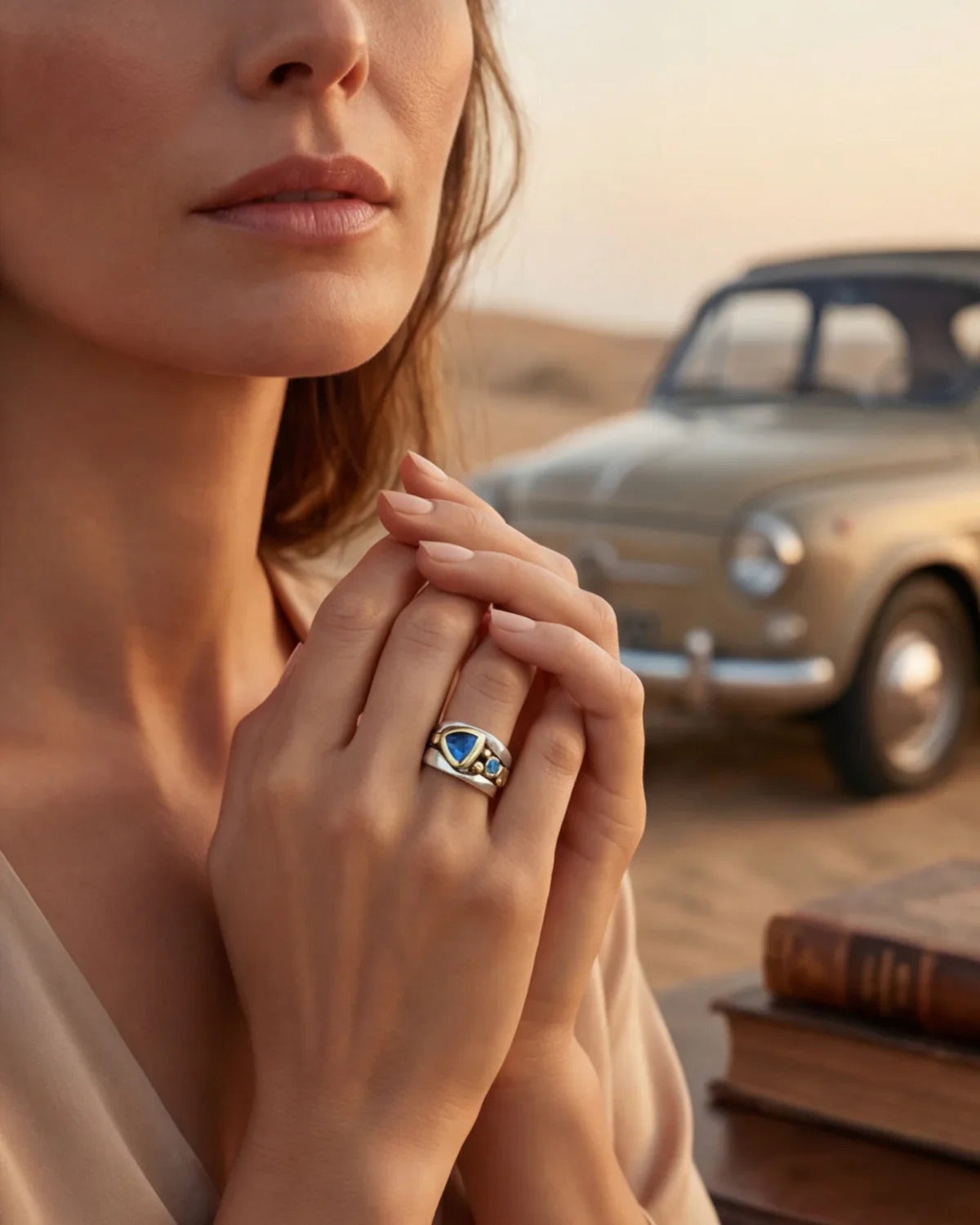 Silver ring on finger with blue center stone and gold-toned accents