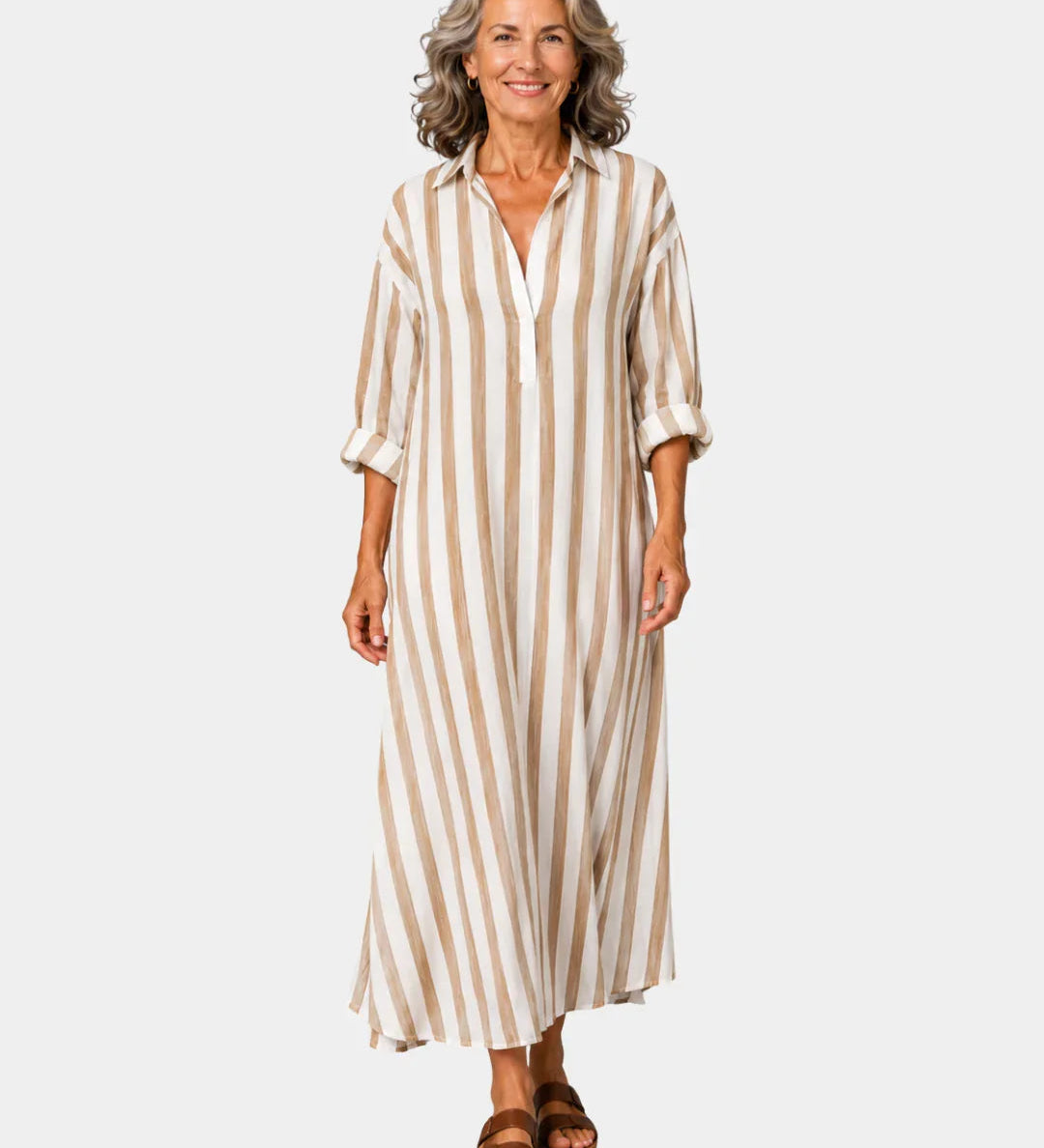 Beige and brown vertical striped maxi shirt dress with button front