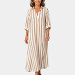 Beige and brown vertical striped maxi shirt dress with button front