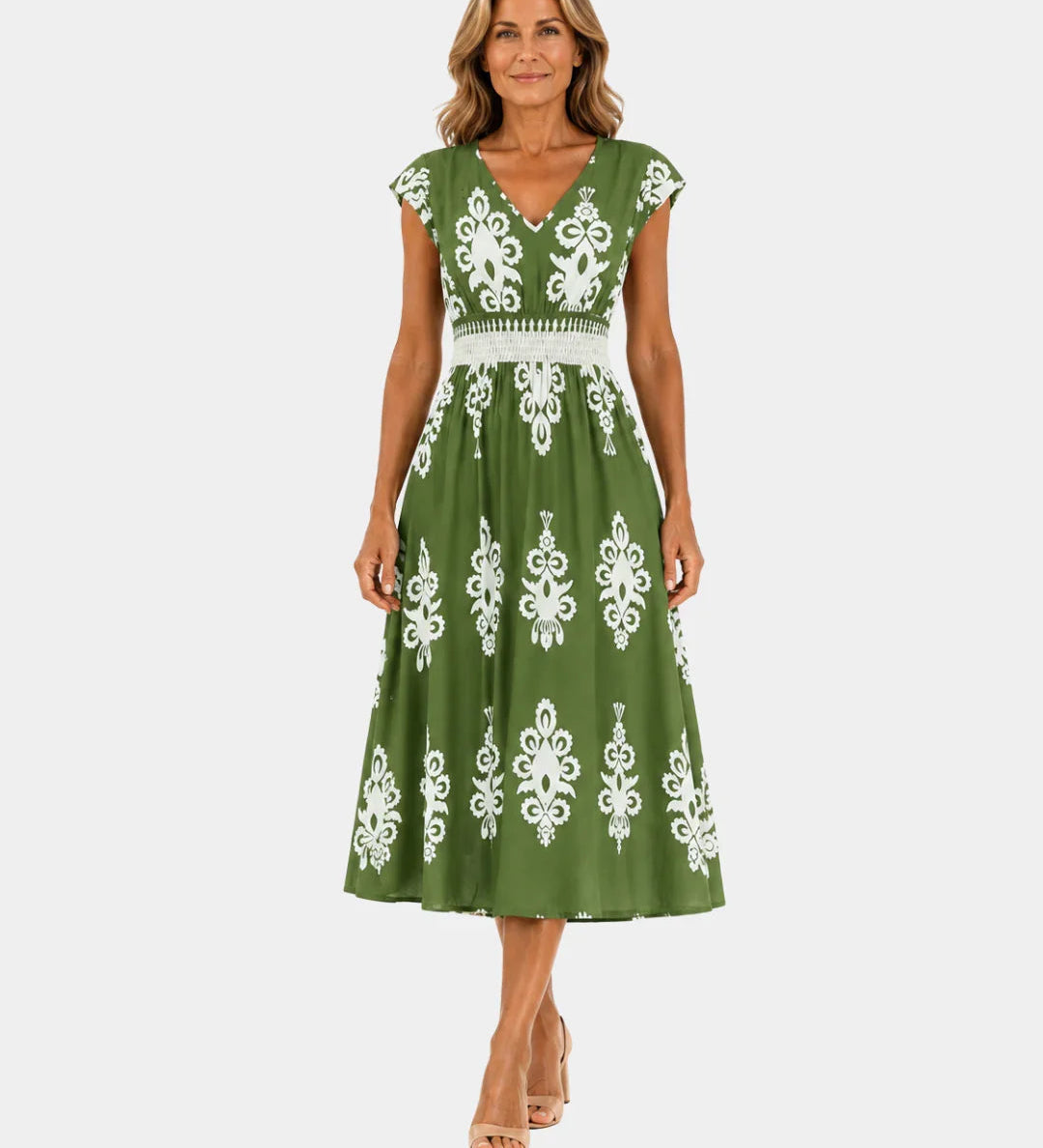 Green baroque-inspired midi dress with white ornate embroidery, V-neck, cap sleeves