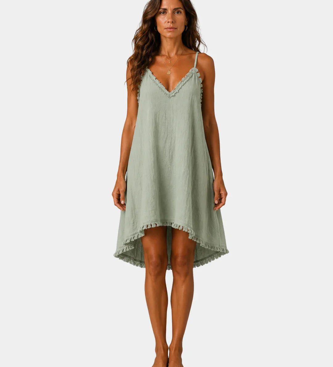 Green short fluid slip dress with lace-trim V neckline and scalloped hem