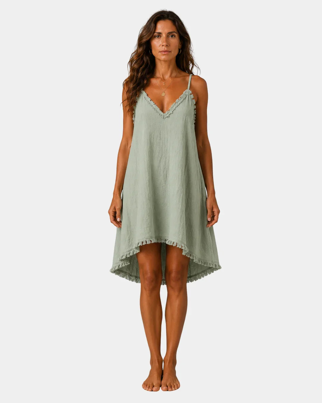 Green short fluid slip dress with lace-trim V neckline and scalloped hem