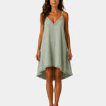 Green short fluid slip dress with lace-trim V neckline and scalloped hem
