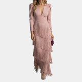 Blush pink midi dress with V-neck and layered fringe tiers at skirt