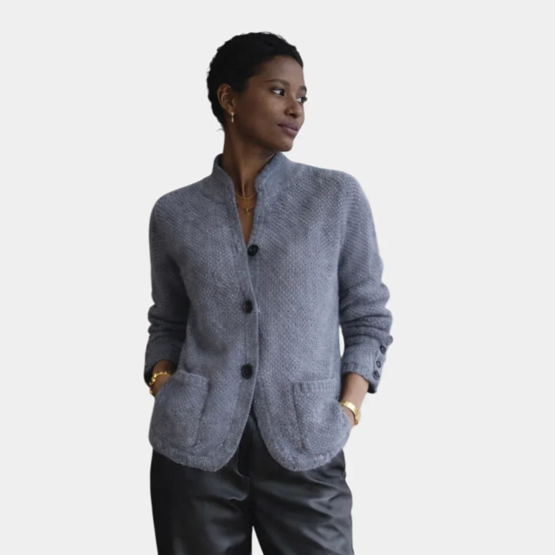 Gray knit cardigan with button front, stand collar, and two patch pockets