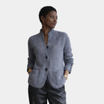 Gray knit cardigan with button front, stand collar, and two patch pockets