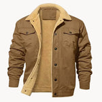 Brown bomber jacket with tan sherpa lining, button front and flap chest pockets
