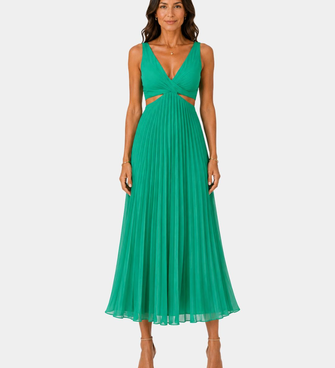 Green sleeveless V-neck long dress with pleated skirt and ruched waist detail