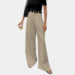 Khaki solid wide-leg pants with high waist, pleats, and belt loops