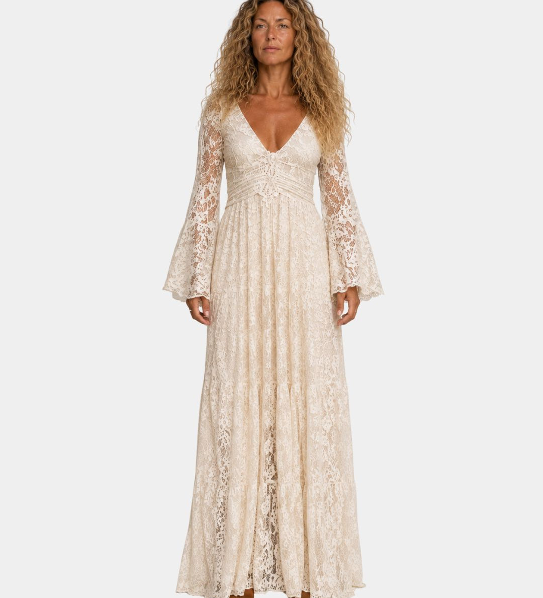 Vintage mermaid-style long dress, cream lace V-neck, long bell sleeves
