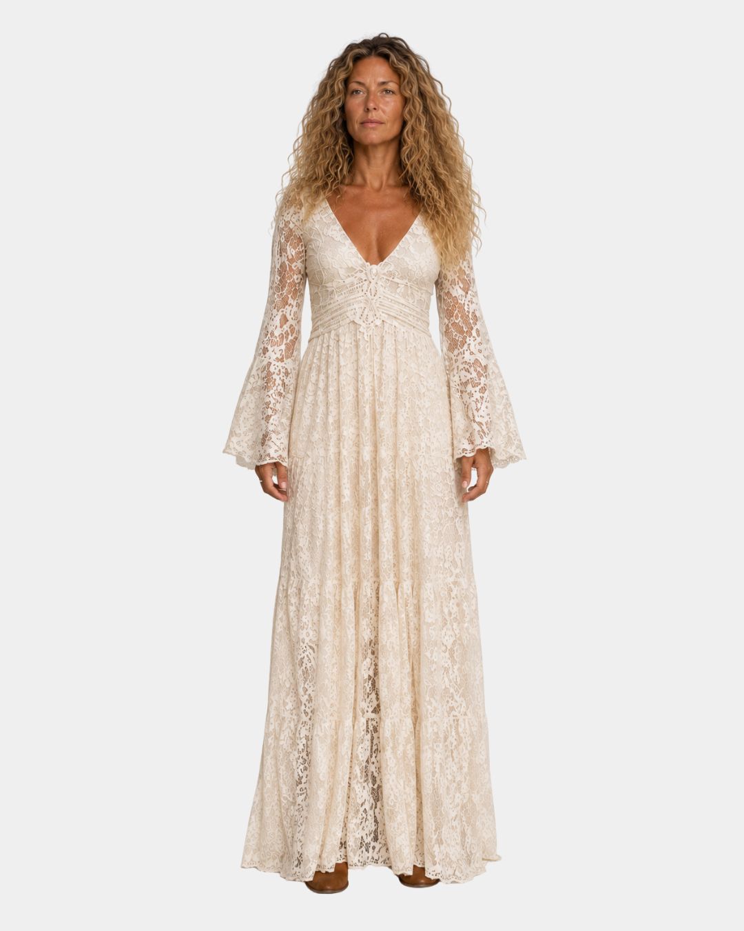 Vintage mermaid-style long dress, cream lace V-neck, long bell sleeves