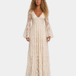 Vintage mermaid-style long dress, cream lace V-neck, long bell sleeves