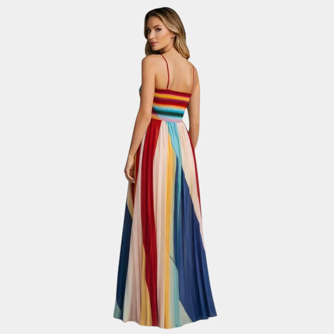 Strappy sleeveless striped maxi dress with multicolor vertical panels