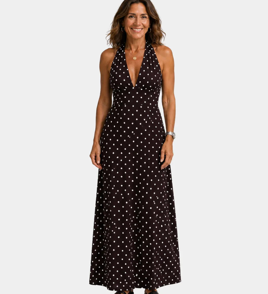 Black polka-dot sleeveless maxi dress with V-neck