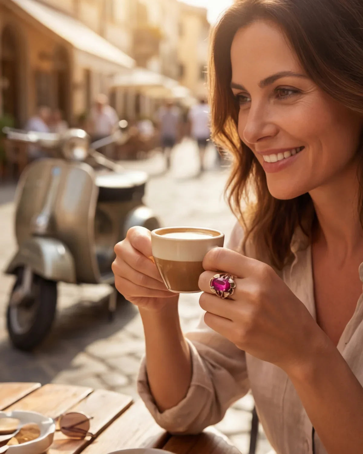 Livia sapphire ring on finger, gold band with oval magenta gemstone and prongs