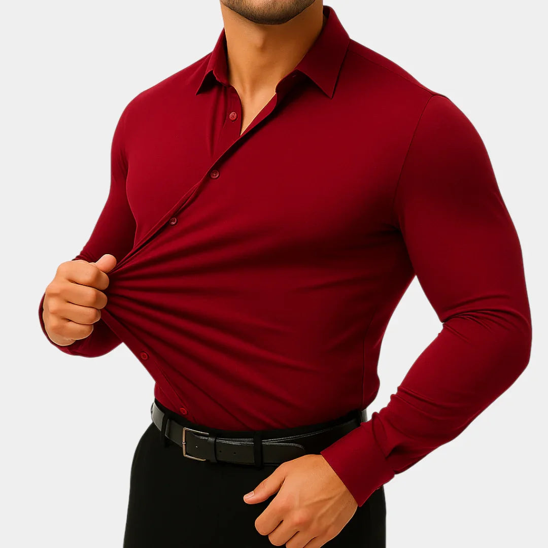 Men's burgundy stretch dress shirt with button-front and spread collar, long sleeves.