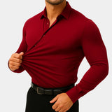 Men's burgundy stretch dress shirt with button-front and spread collar, long sleeves.