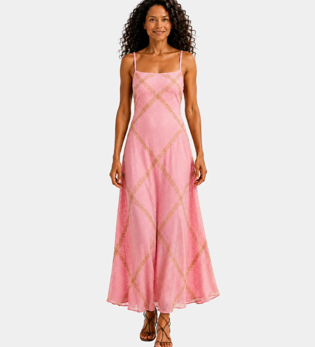 Pink long maxi dress with spaghetti straps and pale yellow diamond pattern