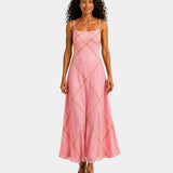 Pink long maxi dress with spaghetti straps and pale yellow diamond pattern