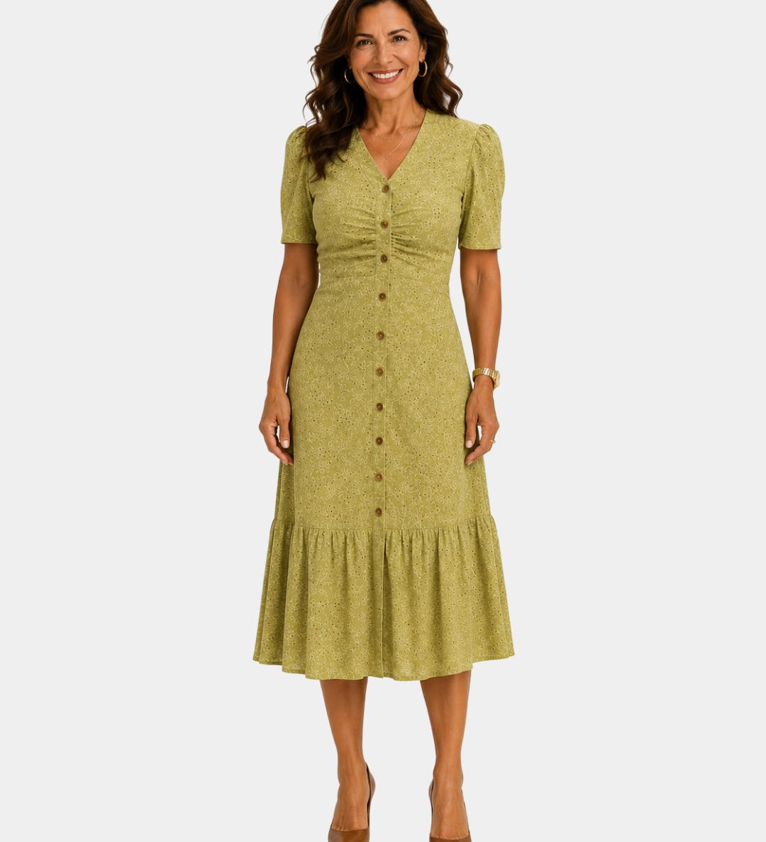 Lightweight shirt dress in chartreuse, short sleeves, button front, gathered tiered skirt.