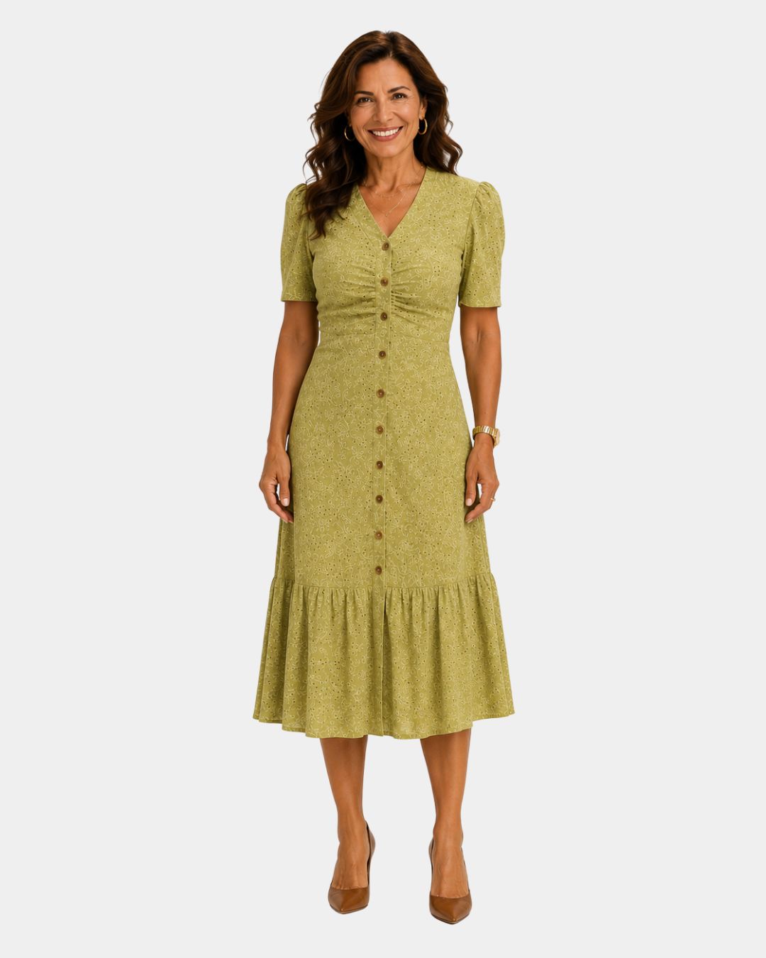 Lightweight shirt dress in chartreuse, short sleeves, button front, gathered tiered skirt.