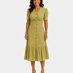 Lightweight shirt dress in chartreuse, short sleeves, button front, gathered tiered skirt.