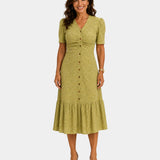Lightweight shirt dress in chartreuse, short sleeves, button front, gathered tiered skirt.