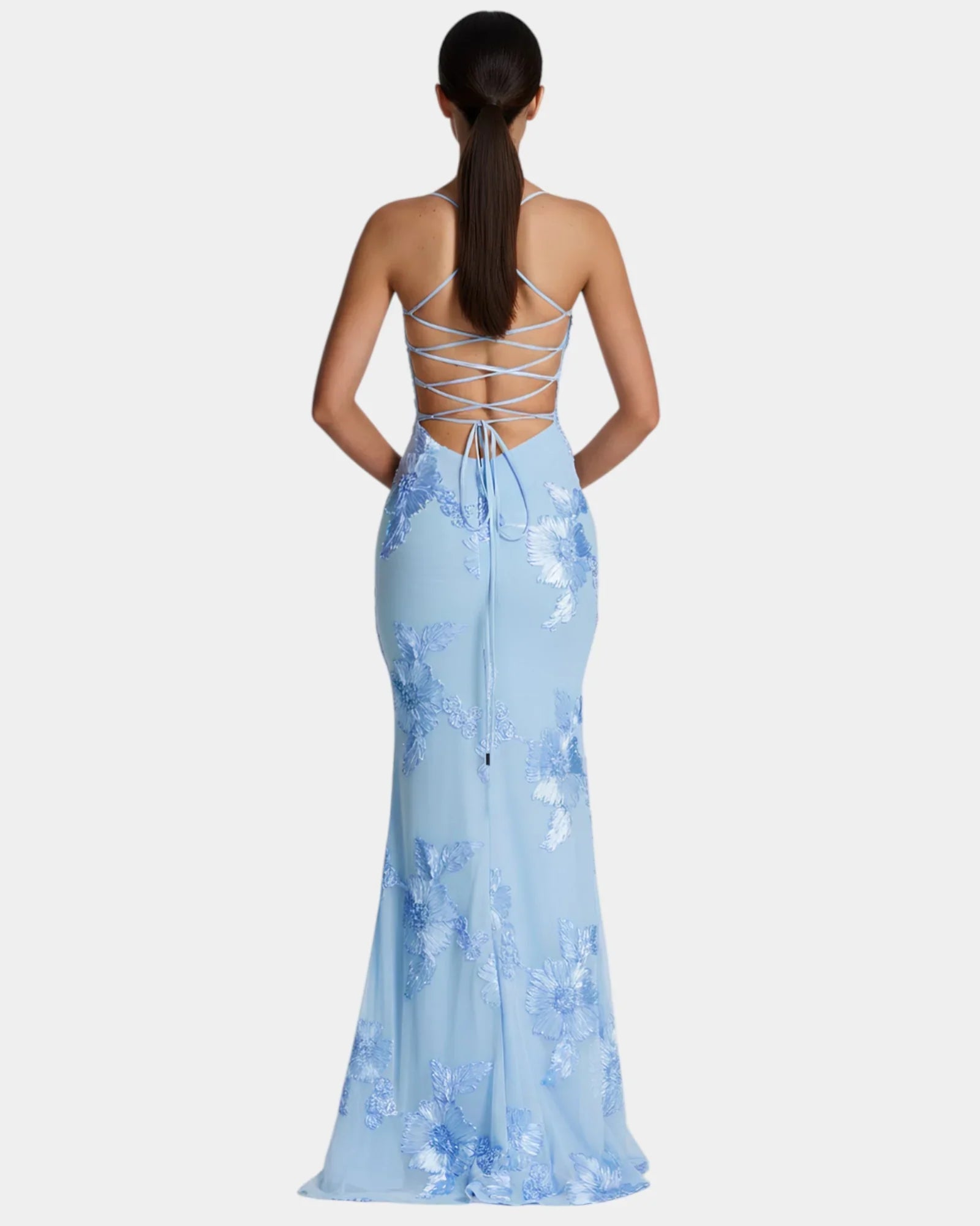 Backless maxi dress with crisscross straps and floral print