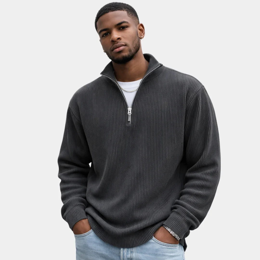 Charcoal ribbed quarter-zip sweater with long sleeves and metal half-zip placket
