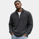 Charcoal ribbed quarter-zip sweater with long sleeves and metal half-zip placket