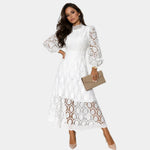 White delicate lace midi dress with long puff sleeves and high neckline
