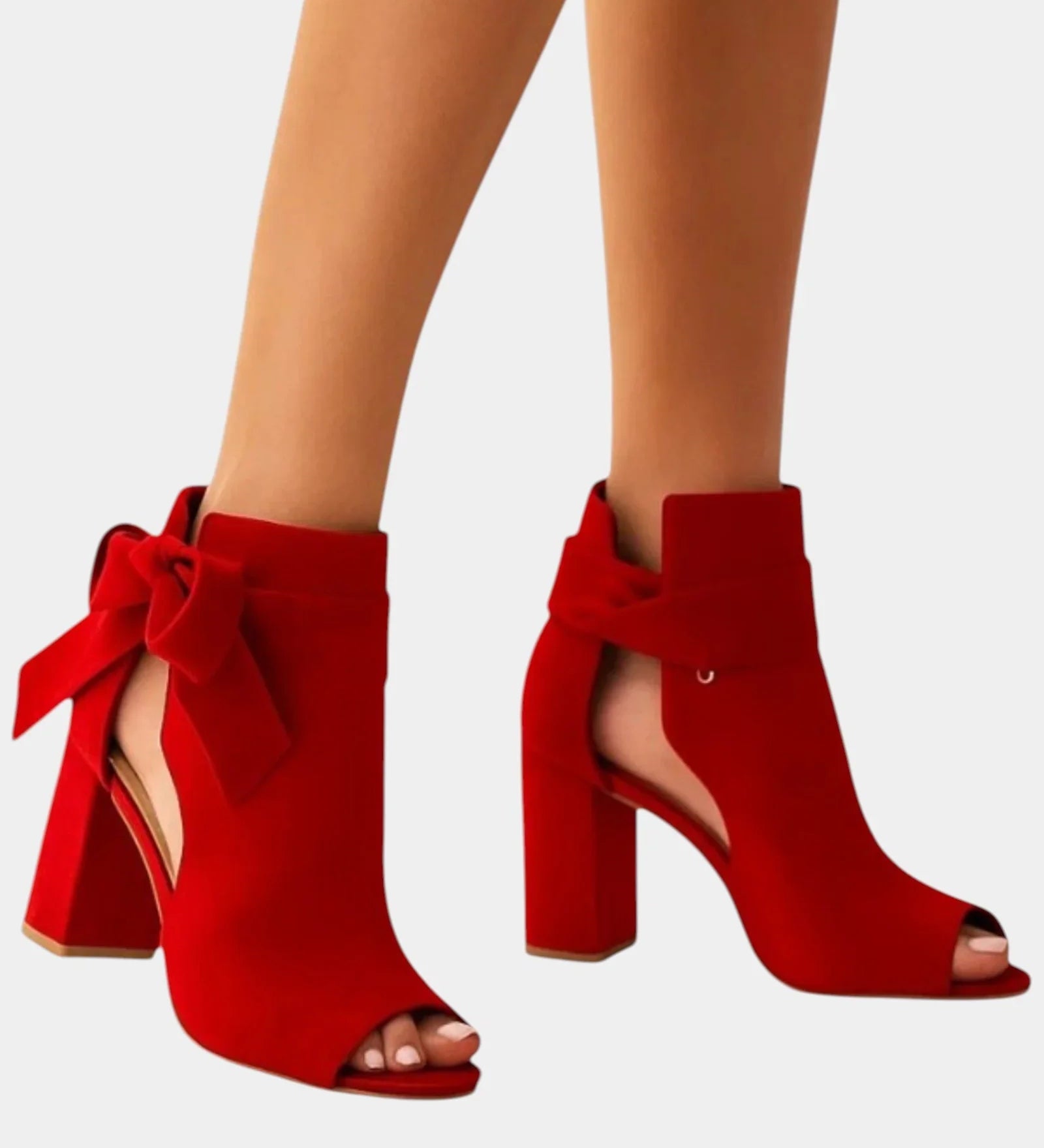 Ruby red heeled sandals with peep toe, ankle bow, and block heel