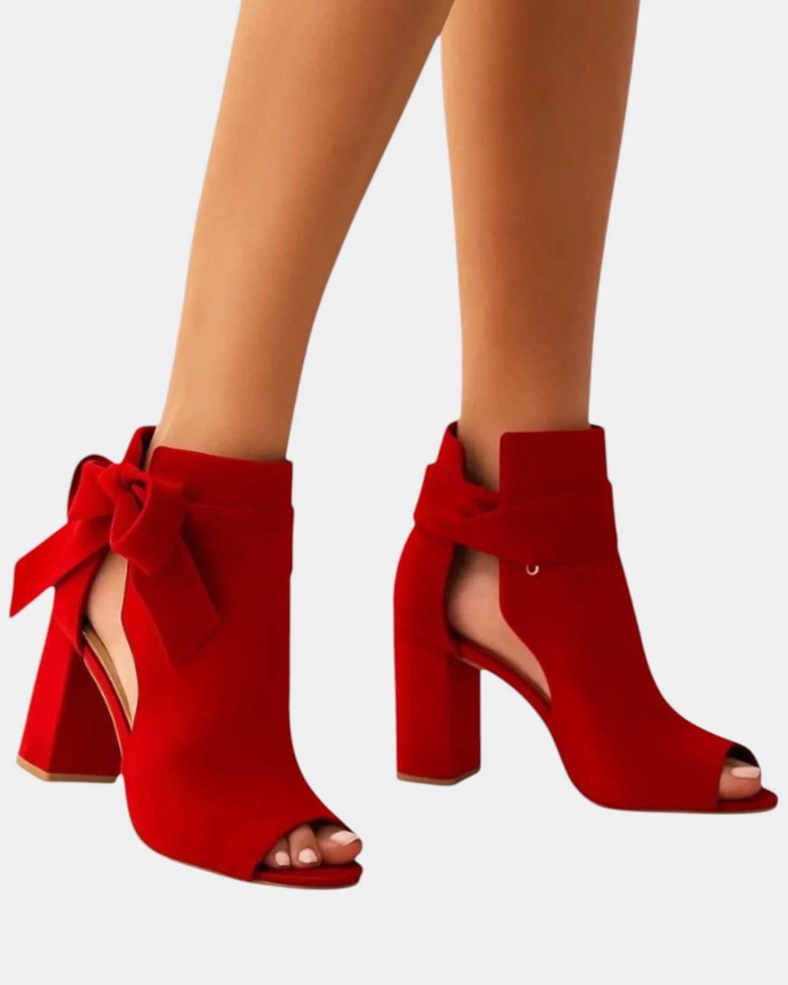 Ruby red heeled sandals with peep toe, ankle bow, and block heel
